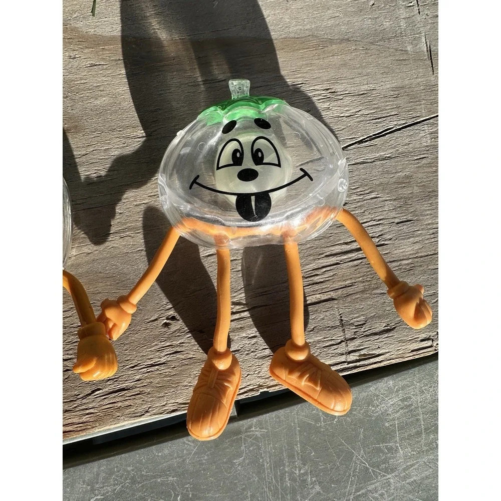 2 Vintage‎ Halloween Pumpkin Candy Holder Bendy Legs Clear Head Bendy Figures